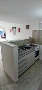 a kitchen with a stove and a sink in it at Reina Mora Apart Bariloche in San Carlos de Bariloche