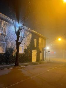 ein Haus in der Nacht auf einer Straße mit Straßenbeleuchtung in der Unterkunft Prédio Histórico na Rio Branco in Caxias do Sul