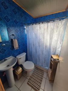 een blauwe badkamer met een toilet en een wastafel bij Cabaña 1 vista campana in Hijuelas