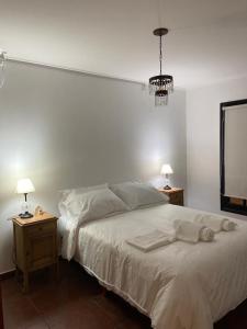 1 dormitorio con 1 cama blanca, 2 mesitas de noche y 2 lámparas en Apart Lo de Jose en Tandil