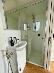 a bathroom with a glass shower and a sink at Moonbah Escapez in Moonbah