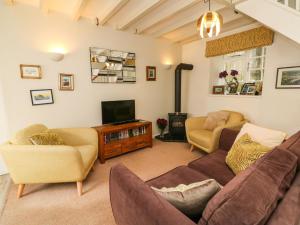 a living room with two couches and a tv at Crab Cottage in Ilfracombe