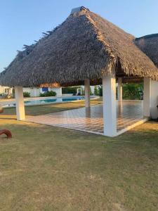 a hut with a straw roof and a grass at Enjoy a beautiful beach house in Panamá in Río Hato