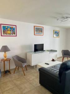 a living room with a couch and a tv at Maison Agréable Familiale in Saint-François +28 photos