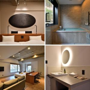 three different views of a hotel room with a bath tub at Shin Toji Hotel Lulud in Nakanojo