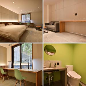 three different pictures of a bedroom and a living room at Shin Toji Hotel Lulud in Nakanojo