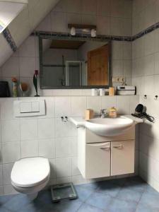 bagno con lavandino, servizi igienici e specchio di Kösters Huus - Schöne Ferienwohnung mit Balkon a Beverstedt