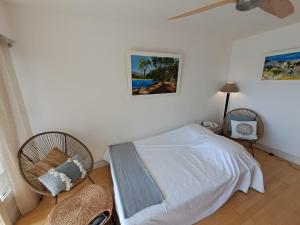 ボルム・レ・ミモザにあるT2 - Centre ville - proche plageの白いベッドルーム(ベッド1台、ファン付)