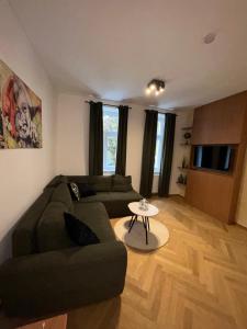 een woonkamer met een bank en een tafel bij Deluxe Apartment Favoriten in Wenen