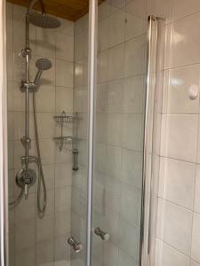 a bathroom with a shower with a glass door at Pension Kleiner in Eging