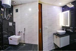 - deux photos d'une salle de bains avec toilettes et lavabo dans l'établissement FabHotel Satyam International, à Noida