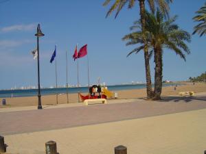 a beach with palm trees and a boat on the beach at Arona 2 - 5208 in Mar de Cristal
