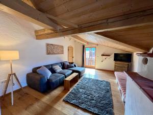 a living room with a couch and a tv at Chalet Alpenflair in Pfronten