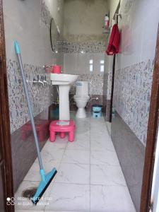 a bathroom with a sink and a toilet and mop at Trushali Homestay in Nārkanda