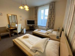 pokój hotelowy z 2 łóżkami i telewizorem w obiekcie Penzión Tiberia w Trenczynie