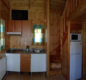 a kitchen with a white refrigerator and a microwave at Càmping - Bungalows La soleia d'Oix in Oix