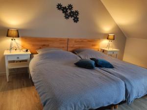 um quarto com uma cama grande e 2 almofadas em Gästehaus Hoxel em Hoxel