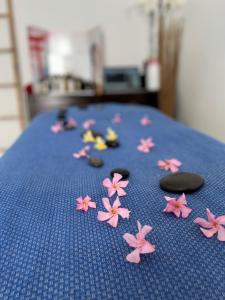 a group of pink flowers on a blue blanket at chambre à Mazan, idéale calme et repos in Mazan