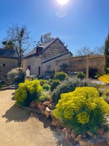 Brigné的住宿－Maison de campagne, Gîte rouge，一座花园,在房子前面有黄色的花朵