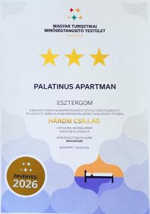 Certifikát, ocenenie alebo iný dokument vystavený v ubytovaní Palatinus Apartman Esztergom