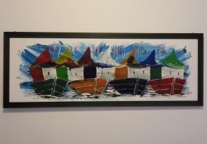 uma pintura de barcos na água em uma parede em Villetta Eliselena Best Vacation Ever em Villasimius