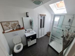 a bathroom with a toilet and a sink and a shower at Maison Cosy en Pleine Nature 
