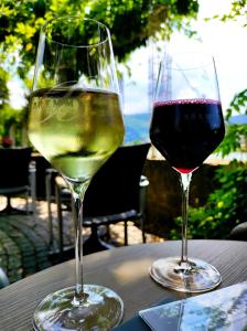 dwa kieliszki białego i czerwonego wina siedzące na stole w obiekcie Gästehaus Hoxel w mieście Hoxel