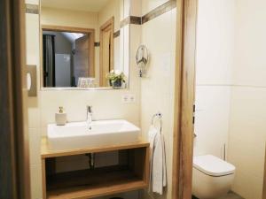 uma casa de banho com um lavatório e um WC em Da`Sporrer Hotel & Wirtshaus em Neunburg vorm Wald