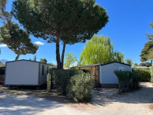Deux petites maisons dans une cour avec un arbre dans l'établissement Mobil home Petit Paradis, 6 personnes, Bord de mer, Camping Del Mar Village, à Argelès-sur-Mer