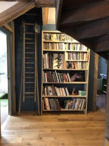 una habitación con dos estanterías llenas de libros en Superbe maison familiale proche lacs et canal en Beurizot