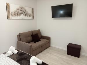 sala de estar con sofá y TV en Baixo a Lua Rooming, en Sarria