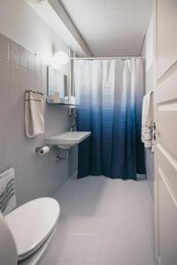 a bathroom with a shower and a toilet and a sink at Tylstrup Kro og Motel in Tylstrup