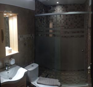 a bathroom with a shower and a toilet and a sink at Kasos Palace in Frý