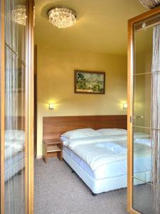 a bedroom with a bed and a glass door at Holiday Resort Tatry in Veľká Lomnica