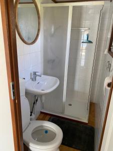 a bathroom with a toilet and a sink and a shower at Chalet D12 - Camping it Soal in Workum