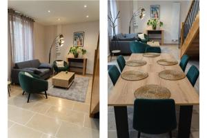 a dining room and a living room with a table at La Ferme de Bacchus in Hautvillers