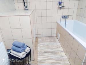 a bathroom with a tub and a basket with towels at Chalúpka Anit 