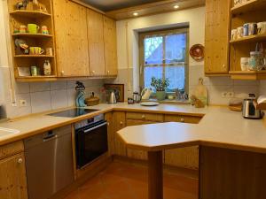 cocina con armarios de madera, fregadero y lavavajillas en Ferienhaus Brühler en Maierhof