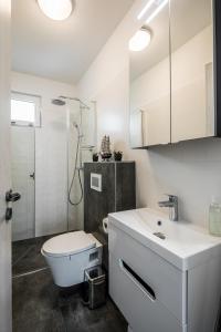 a bathroom with a toilet and a sink and a shower at Balatonic Sky in Zamárdi