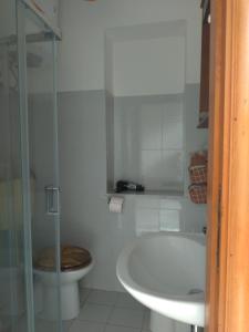 ein weißes Bad mit einem WC und einem Waschbecken in der Unterkunft L' appartamentino in Leni