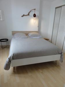 ein Bett mit zwei Kissen und einer Lampe darüber in der Unterkunft QUAI 2 in Saumur