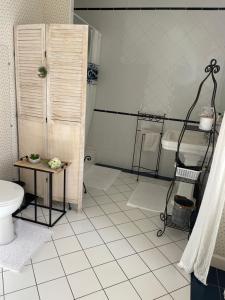 ein Badezimmer mit einem WC, einem Tisch und einem Waschbecken in der Unterkunft Chateau Du Payre in Cardan