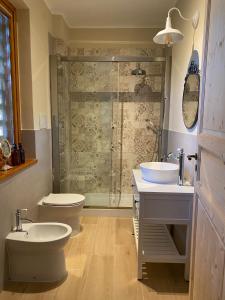 a bathroom with a shower and a toilet and a sink at B&B Antico Fienile in Gorizia