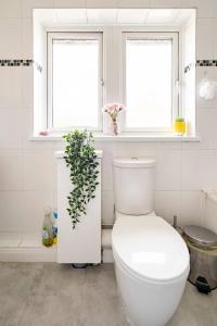 bagno con servizi igienici bianchi e 2 finestre di Stevenage Contractors x8 New 3 bedroom House Free Wifi, Parking, Towels all inclusive & Large Garden a Stevenage