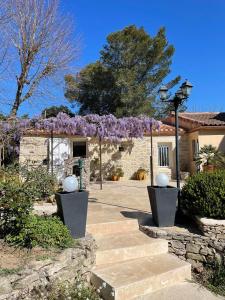 un jardin avec des fleurs violettes sur une passerelle en pierre dans l'établissement Le mazet en été - studio en garrigue nimoise, à Nîmes