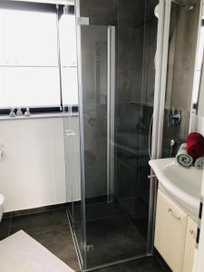 a shower with a glass door in a bathroom at Ferienwohnung Vivien in Rieden +14 photos