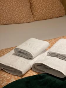 zwei gefaltete Handtücher auf dem Bett in der Unterkunft Villa Breza Brezovice in Brezovica