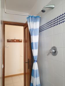 a shower with a blue and white shower curtain at Casetta Donatello in Marina di Pietrasanta
