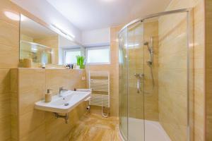 ein Bad mit einem Waschbecken und einer Dusche in der Unterkunft Apartmány Lipno 46 in Lipno nad Vltavou
