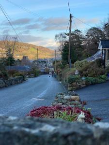 a road with a person riding a bike down a street at Snowdonia Snug - Studio Style Accommodation in Dolgellau
